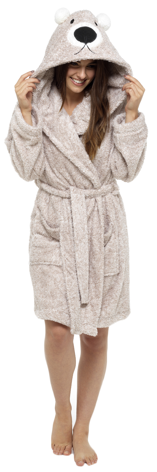 Womens Hooded Sherpa Soft Snuggle Dressing Gown Short Bath Robe Ladies